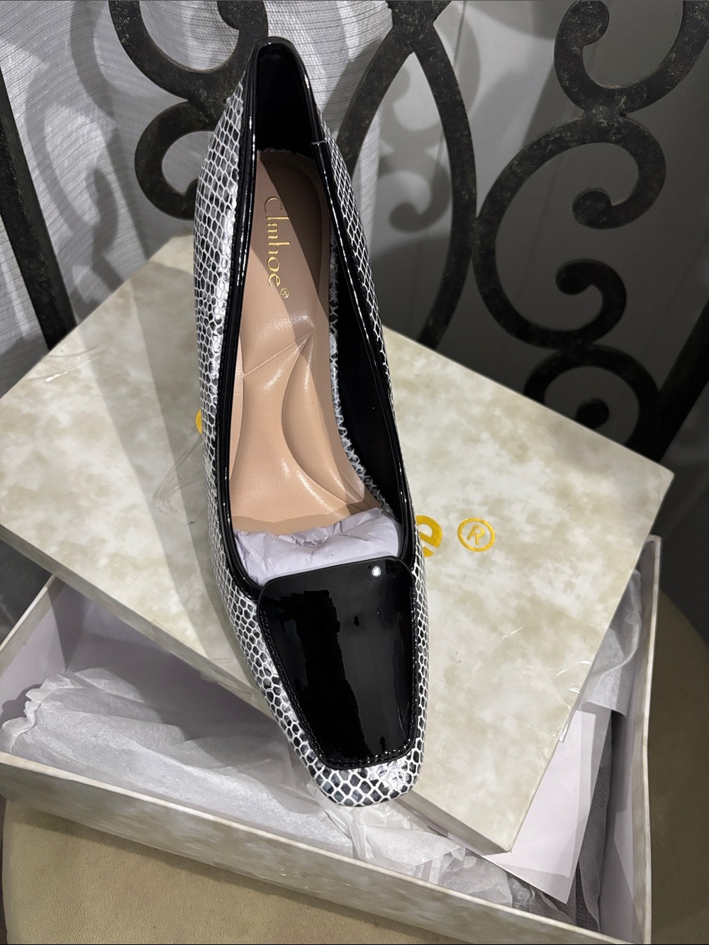 Snake-Print Women’s Heel Pump with Black Patent Toe